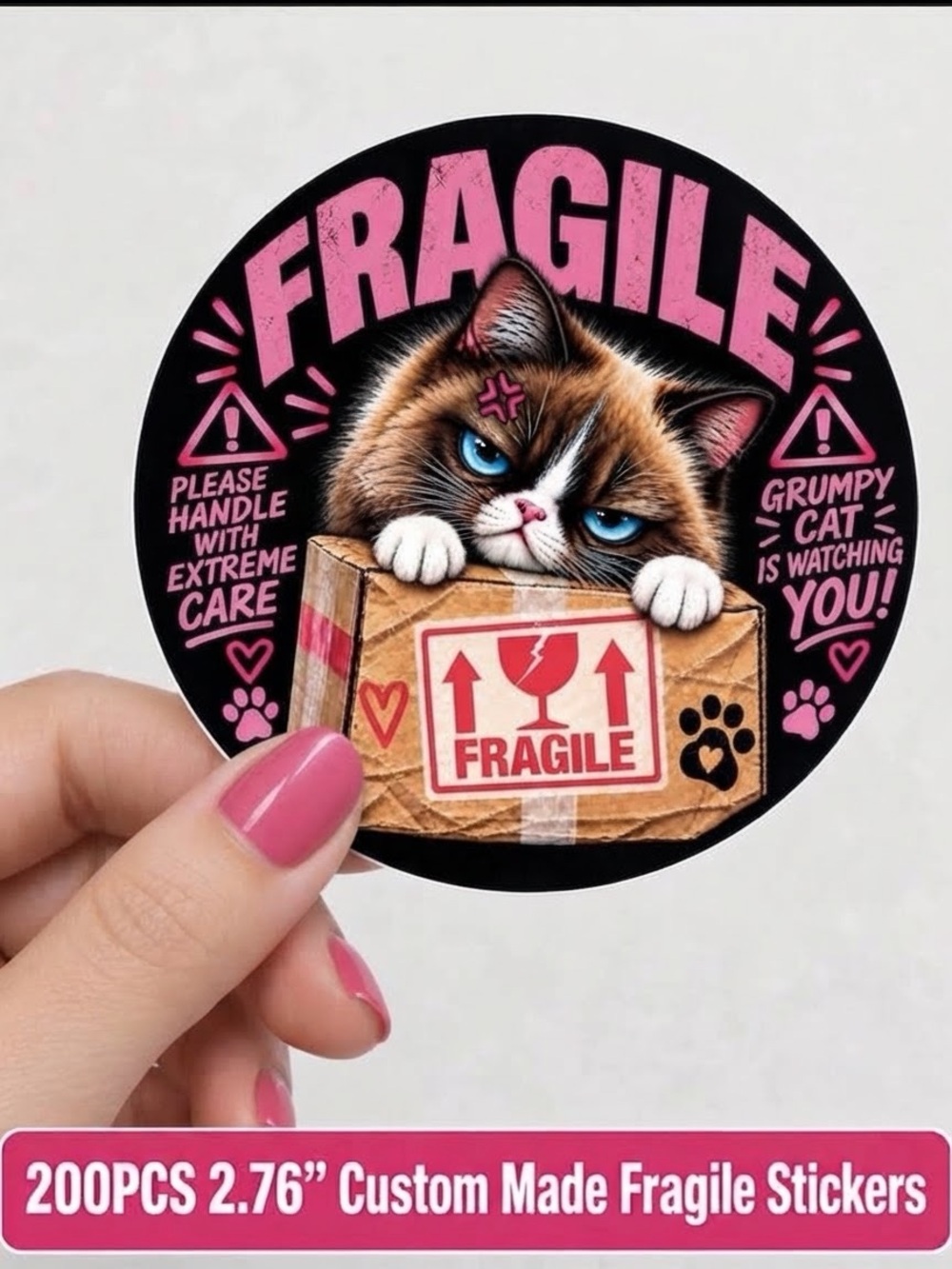 200PC Fragile Grumpy Cat Stickers